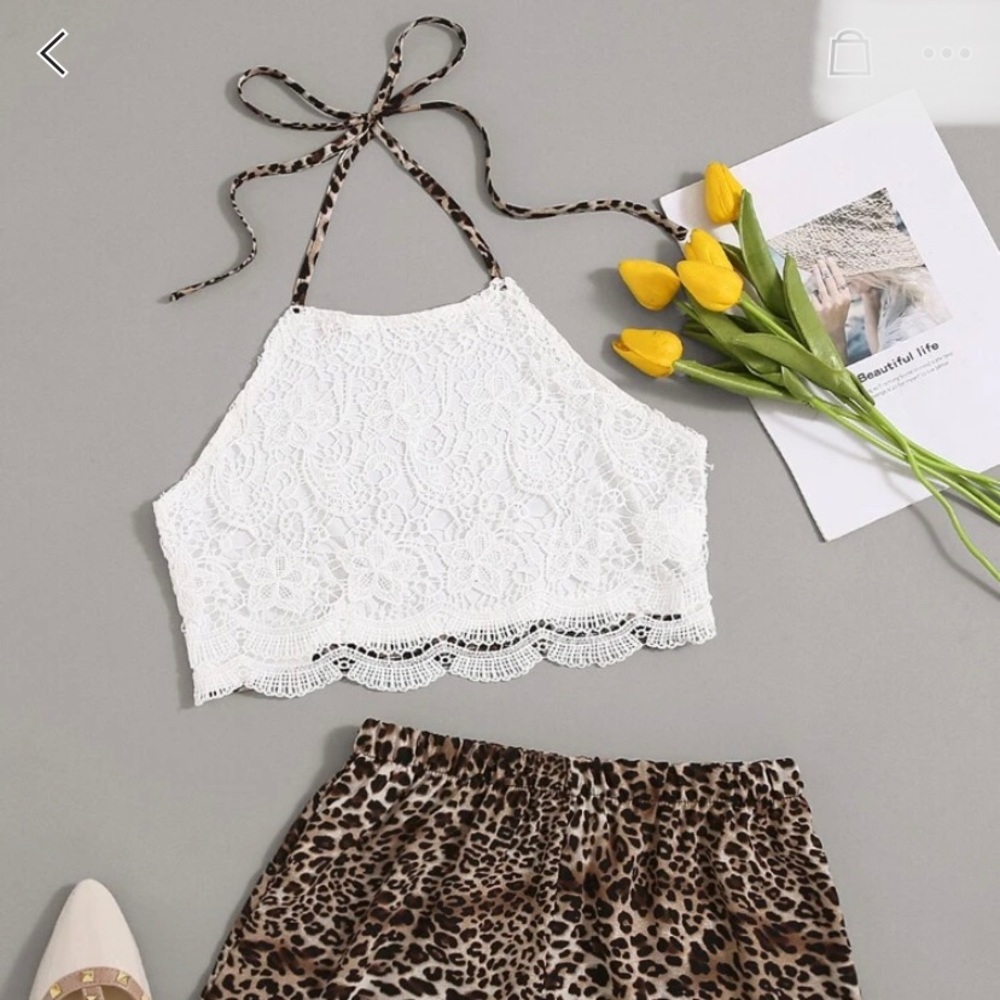 Lace halter top with Leopard shorts Set